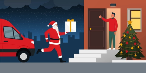 santa claus delivering parcel in time for christmas